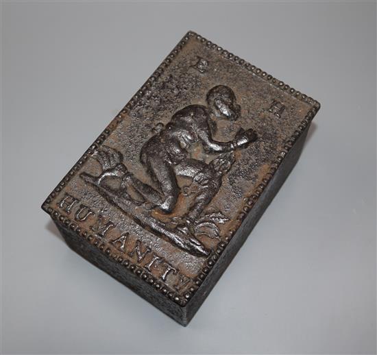 Anti-slavery interest: An early 19th century cast iron tobacco box with inner lid, initialled E.H., 14 x 9 x 8cm